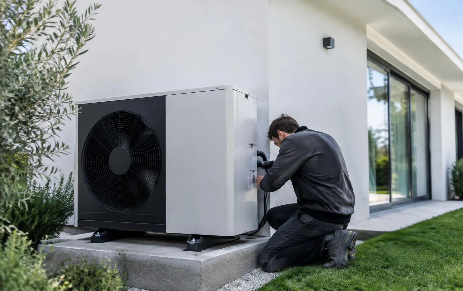 Técnico revisando la unidad exterior de una instalación de aerotermia en una vivienda de Madrid